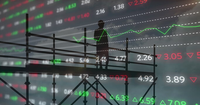 Image of female architect on scaffolding with financial data processing and statistics