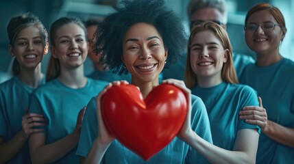 Diverse Team Sharing a Symbol of Love, diverse group of smiling volunteers clad in blue, sharing a large red heart, signifying unity and compassion in community service - obrazy, fototapety, plakaty