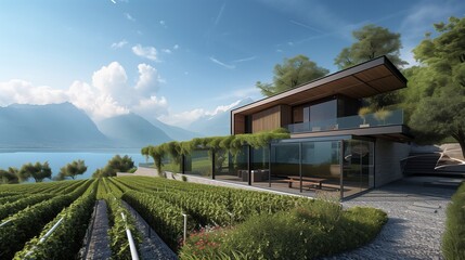 A Swiss modern lakefront residence, with smart vineyards, holographic Alpine views, and AI-guided...