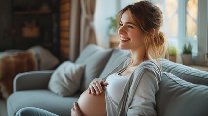 Smiling Pregnant Woman Enjoying a Quiet Moment, radiant pregnant woman with a joyful smile rests comfortably on a sofa, reflecting the beauty and serenity of expectant motherhood - obrazy, fototapety, plakaty