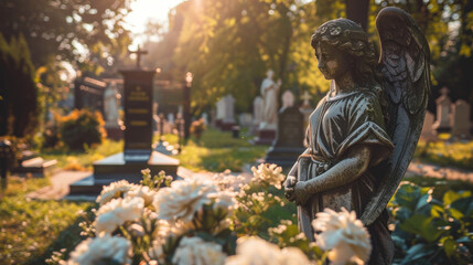 Peace and quiet of the cemetery. Angel statue in a cemetery among green grass and flowers.