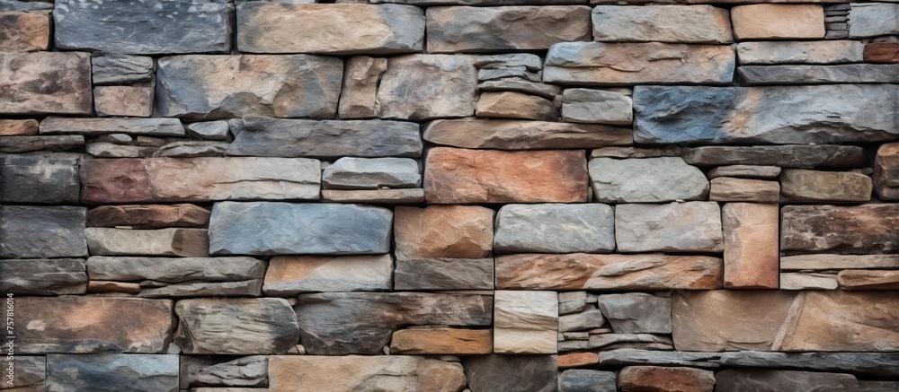 Poster a closeup of a brown stone wall featuring various types of rocks, creating a unique composite materi