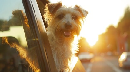Happy dog is traveling. The dog has stuck its head out of the car window and is enjoying the ride.