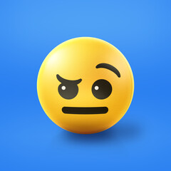 Raised eyebrow Emoji stress ball on shiny floor. 3D emoticon isolated.