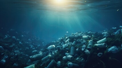 Plastic and other debris floats underwater in blue water. Plastic garbage polluting seas and ocean - obrazy, fototapety, plakaty