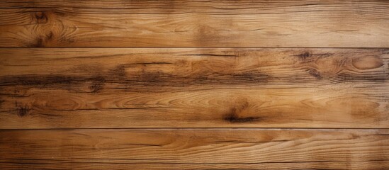 A closeup of a brown hardwood plank flooring with a blurred background, showcasing the beauty of wood stain and varnish on each rectangular lumber building material