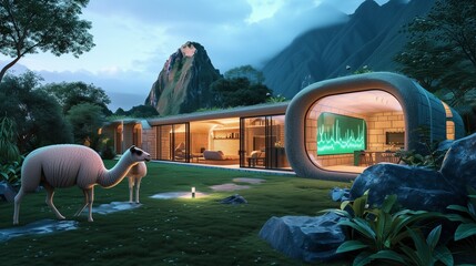 A Peruvian retro-futuristic dwelling with Inca-inspired architecture, smart llamas, and holographic Machu Picchu views from the backyard.
