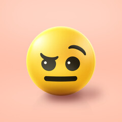 Raised eyebrow Emoji stress ball on shiny floor. 3D emoticon isolated.