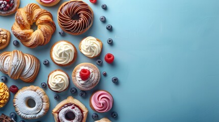 Group of assorted pastries isolated on blue background. Pastry, cakes, buns, biscuits, sweets. Copy space.