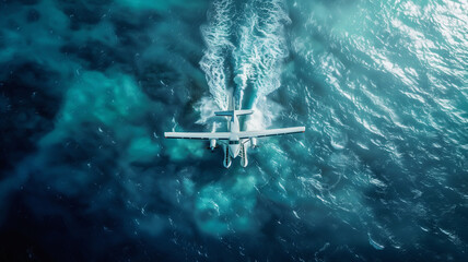Seaplane takes off in the ocean
