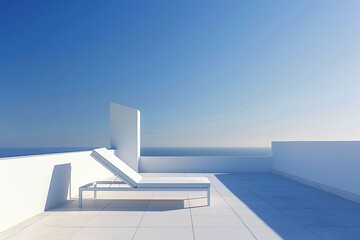 Obraz premium sun lounger on the roof terrace. blue sky, white terrace. generative ai