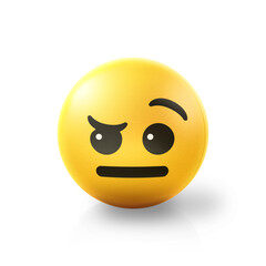 Raised eyebrow Emoji stress ball on shiny floor. 3D emoticon isolated.