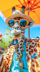 A giraffe in human clothes lies on a sunbathe on the beach, on a sun lounger, under a bright sun umbrella, drinks a mojito with ice from a glass glass with a straw, smiles, summer tones, bright rich c