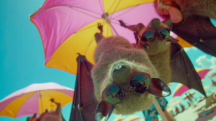 Bats: hanging upside down under beach umbrellas, wearing sunglasses and Hawaiian shirts, beach shorts, on the beach, on the seashore on a clear sunny day, with a blue sky, and a turquoise sea nearby, 