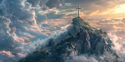 Foto op Plexiglas Cross on top of a rock among the clouds. Cross against the sky. © Валентін Громико
