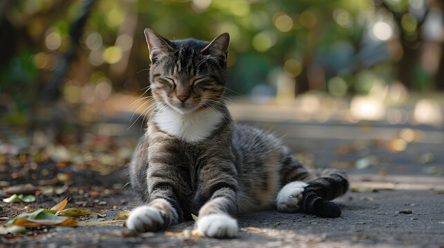 A cat sitting down with its eyes closed in a relaxed position
