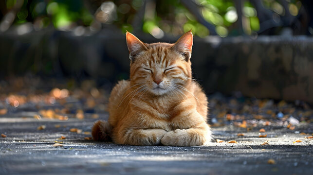 A cat sitting down with its eyes closed in a relaxed position