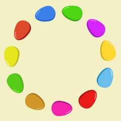 Round frame made of colored eggs. In .eps file each egg got it's own group and named shadow, glare and body. Easter. Vector illustration. 