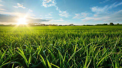 A field of green grass under the suns rays in the background