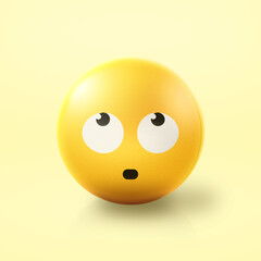 Rolling eyes Emoji stress ball on shiny floor. 3D emoticon isolated.