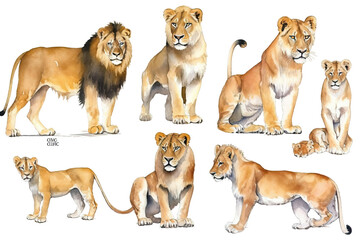 white isolated lioness Set African animal watercolor background illustration lion cubs lions