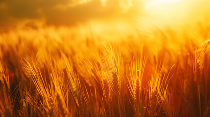 A field of wheat under a bright sun, with the sunlight casting a warm glow over the golden crops - obrazy, fototapety, plakaty