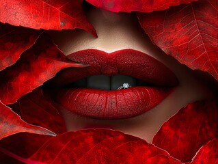 Closeup of beautiful female lips with red autumn leaves. Beauty and fashion