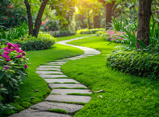 A peaceful garden path walkway on green grass turf, perfect for outdoor leisure and relaxation.