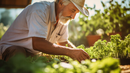Aged male gardener nurturing a variety of plants in a greenhouse setting - obrazy, fototapety, plakaty