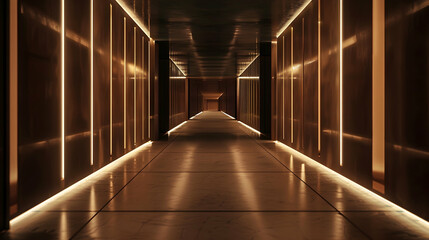 A very long hallway with lights casting a glow along its length - obrazy, fototapety, plakaty