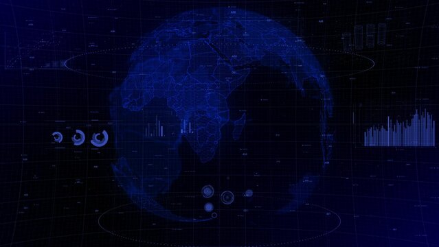 cinematic digital globe rotating video background showcases zooming in on Mozambique country. Data analysis Mozambique Country Charts and Graphs of Growth, Development, Resources, GDP Conceptual