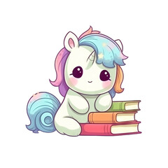 Cartoon unicorn with a book, cute children's illustration for books and covers, baby card