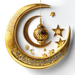 Glossy yellow 3d crescent moon realistic style rendering. golden crescent moon isolated on a white background. Vector illustration