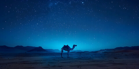 A camel in the desert against the backdrop of a beautiful starry sky, A camel in the desert with moon and cinematic background illustration for holy events, 
