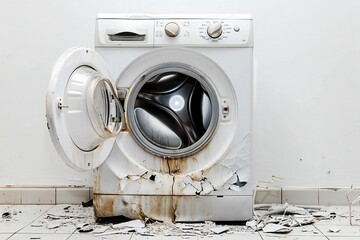 Broken washing machine isolated on white background Generative Ai 