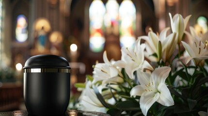 Stylish black urn with ashes among beautiful white lilies in the church. Farewell ceremony.