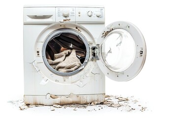 Broken washing machine isolated on white background Generative Ai 
