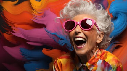 Joyful senior woman with vibrant makeup and oversized sunglasses. - obrazy, fototapety, plakaty