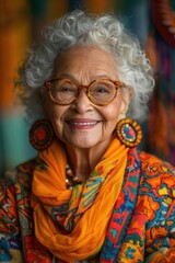 Smiling elderly woman with grey hair and orange glasses.