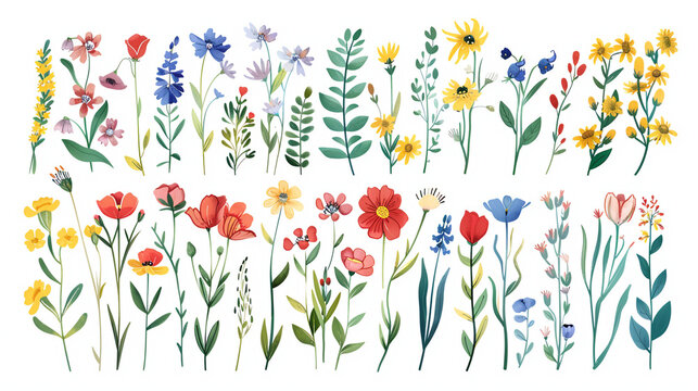 Set of wildflowers, hand drawn vector illustration with various plants and flowers in a flat style isolated on a white background