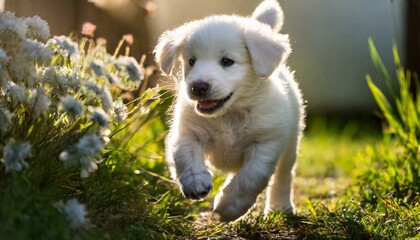 A heartwarming moment of a playful puppy chasing its tail in a sunlit garden