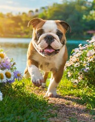 A heartwarming moment of a playful bulldog puppy chasing its tail in a sunlit garden near a lake