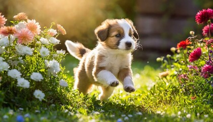 A heartwarming moment of a playful puppy chasing its tail in a sunlit garden