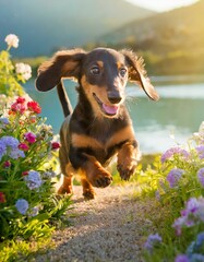 A heartwarming moment of a playful dachshund puppy chasing its tail in a sunlit garden near a lake