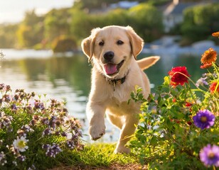 A heartwarming moment of a playful puppy chasing its tail in a sunlit garden near a lake