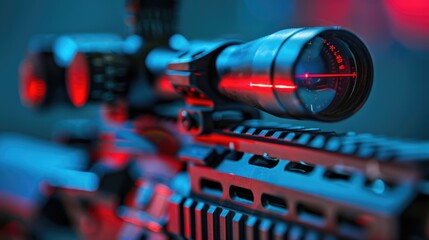 Sniper rifle with red scope and green laser sight. - obrazy, fototapety, plakaty