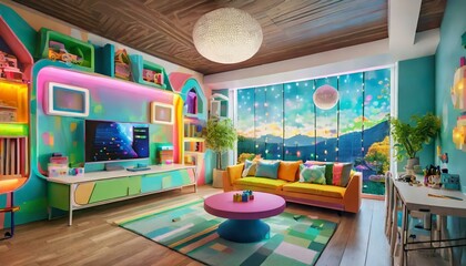 a vibrant and playful kids' room for 2024, incorporating interactive digital elements such as augmented reality wall decals, customizable LED lighting, and smart furniture with built-in storage and ch - obrazy, fototapety, plakaty