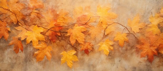 An art painting capturing the vibrant amber and orange autumn leaves on a tree branch, creating a stunning natural landscape scene