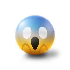 Scared screaming Emoji stress ball on shiny floor. Shocked 3D emoticon isolated.