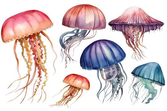 drawing jellyfish set watercolor background black illustration hand isolated